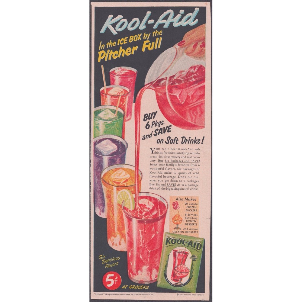 Vintage 1952 Kool-Aid Print Ad Pitcher Full Soft Drinks Retro Kitchen Wall Art